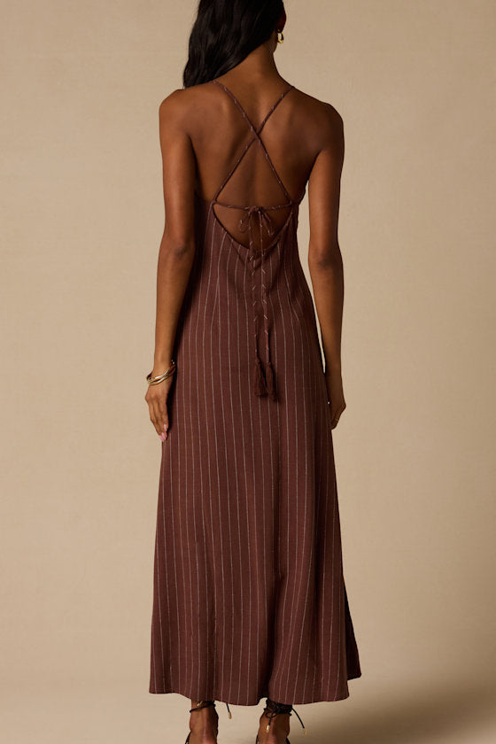 Lilly Brown Pinstriped Tie-Back Midi Dress