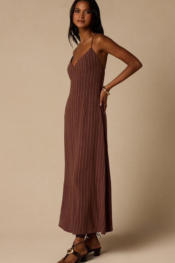 Lilly Brown Pinstriped Tie-Back Midi Dress