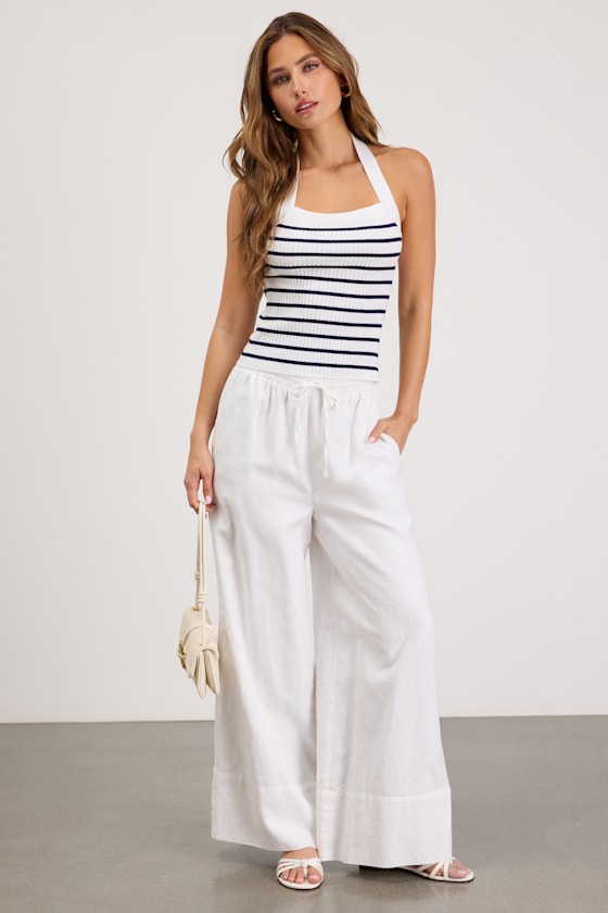 Gisella White Striped Ribbed Knit Halter Top