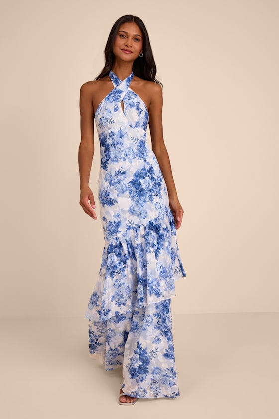 Eloria White and Blue Floral Halter Maxi Dress