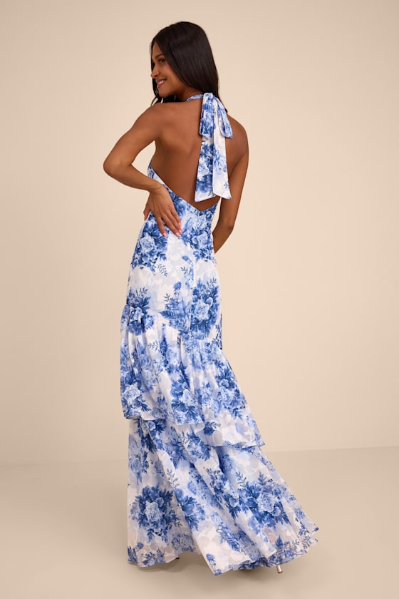 Eloria White and Blue Floral Halter Maxi Dress