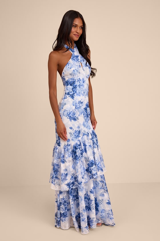 Eloria White and Blue Floral Halter Maxi Dress