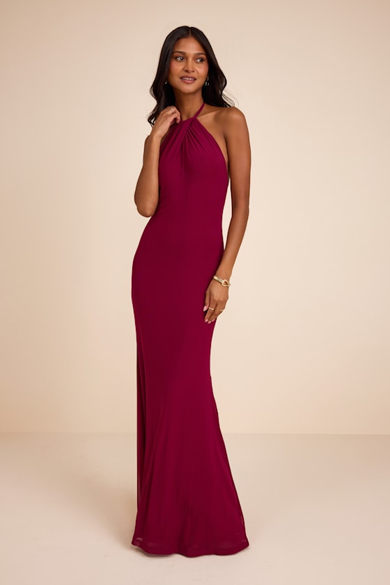 Adriel Berry Red Mesh Halter Mermaid Maxi Dress
