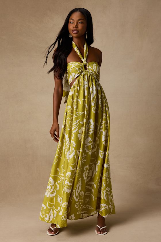 Anessa Chartreuse Floral Halter Maxi Dress