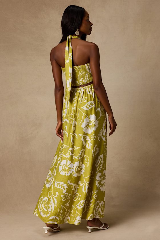 Anessa Chartreuse Floral Halter Maxi Dress