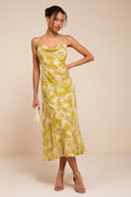 Neida Yellow Floral Burnout Cowl Neck Midi Dress