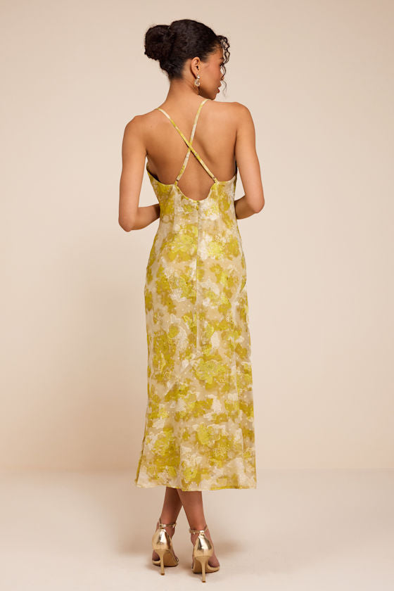 Neida Yellow Floral Burnout Cowl Neck Midi Dress