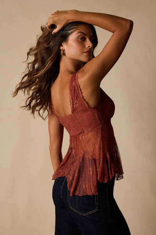 Marsha Rust Sheer Lace V-Neck Tank Top