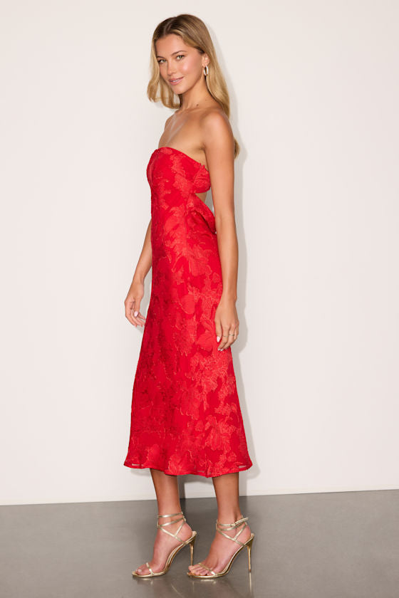 Letta Red Floral Jacquard Cowl Back Midi Dress