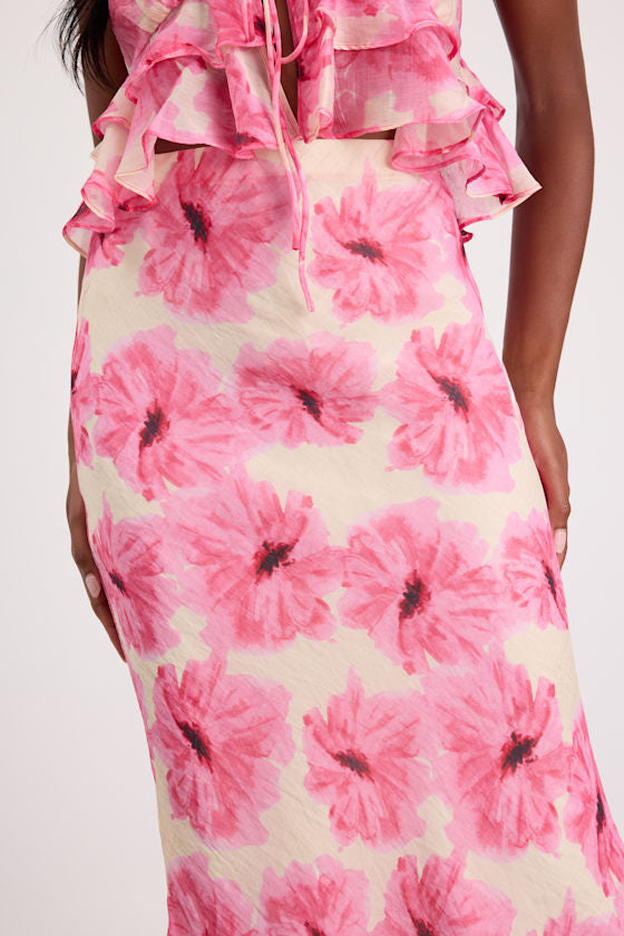 Lilith Cream and Pink Floral Midi Skirt