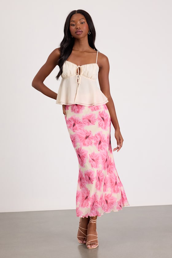Lilith Cream and Pink Floral Midi Skirt