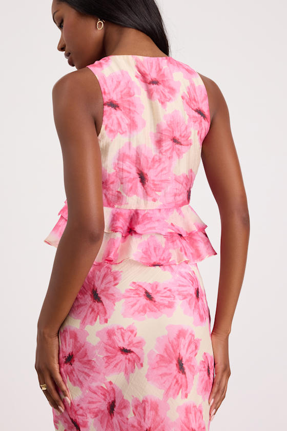 Lilith Cream and Pink Floral Ruffled Tank Top