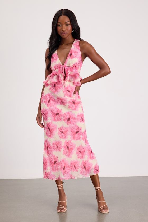 Lilith Cream and Pink Floral Ruffled Tank Top