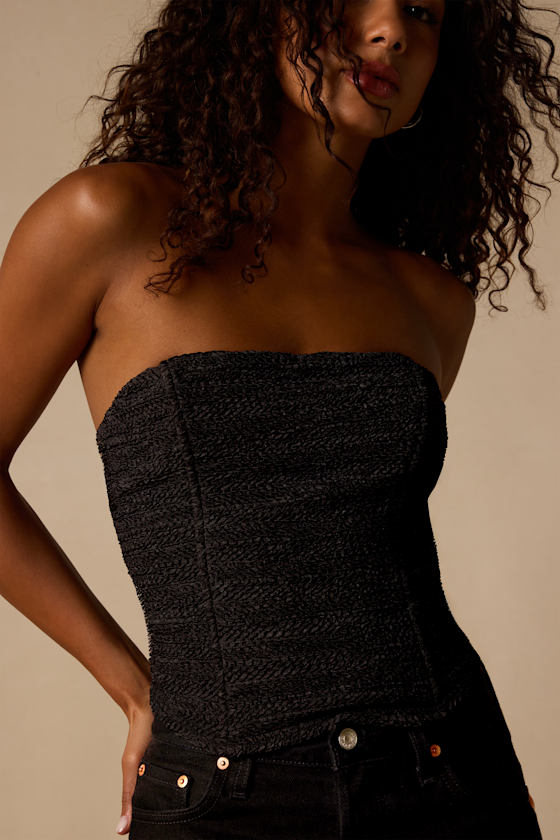 Joletta Black Textured Lace-Up Top