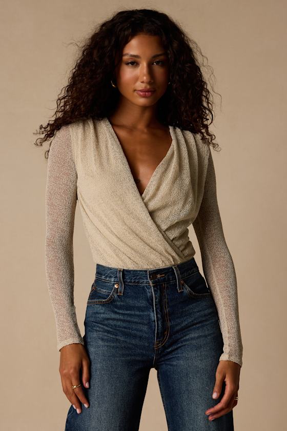 Amoya Beige Knit Surplice Long Sleeve Bodysuit