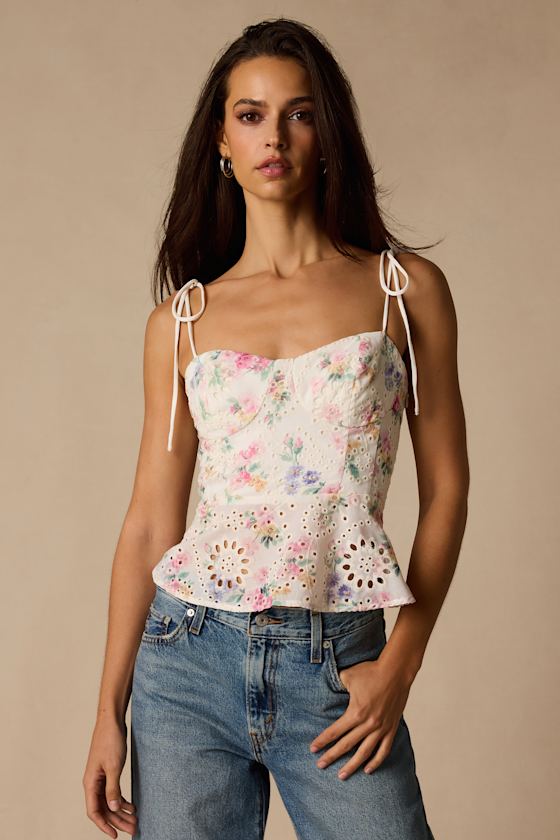 Kalela White Multi Floral Eyelet Cami Top