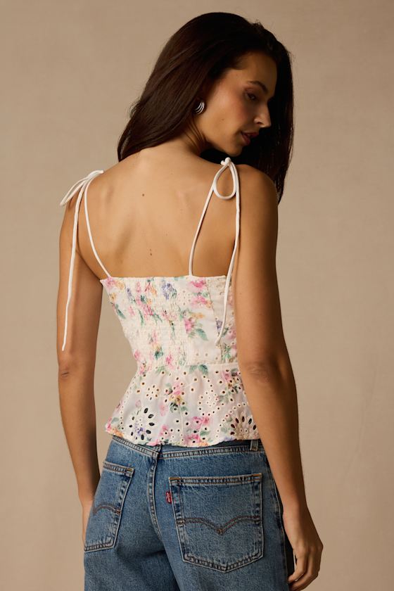 Kalela White Multi Floral Eyelet Cami Top