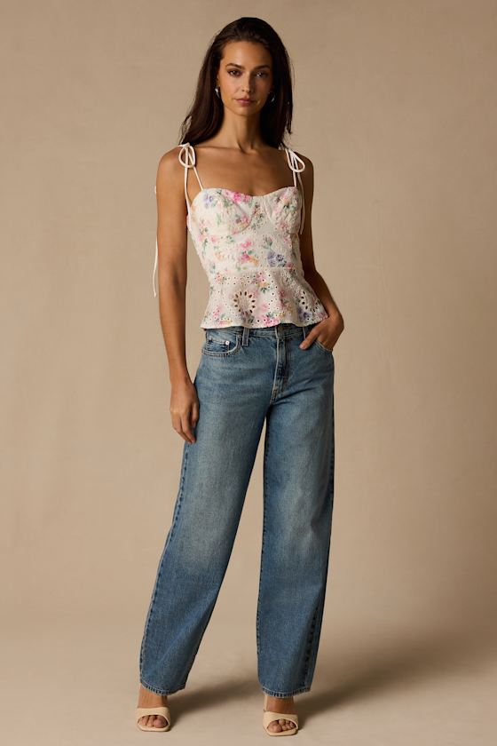 Kalela White Multi Floral Eyelet Cami Top