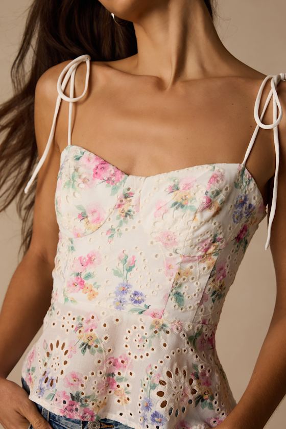 Kalela White Multi Floral Eyelet Cami Top