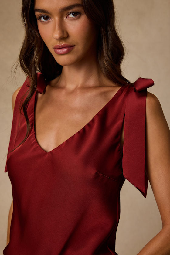 Denia Wine Red Satin V-Neck Tank Top