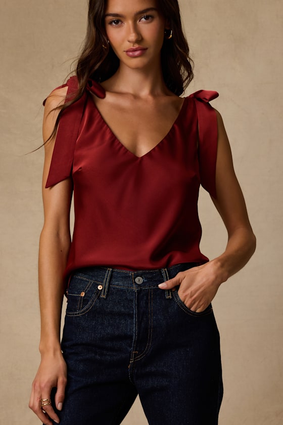 Denia Wine Red Satin V-Neck Tank Top