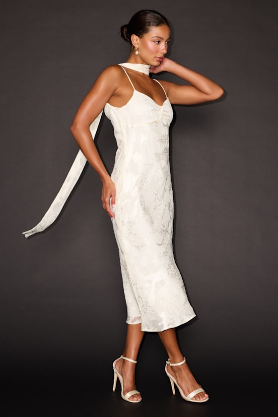 Aydah Ivory Floral Burnout Slip Midi Dress and Scarf Set