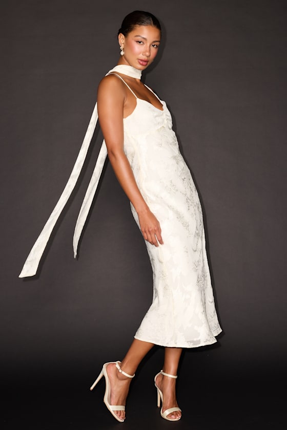 Aydah Ivory Floral Burnout Slip Midi Dress and Scarf Set