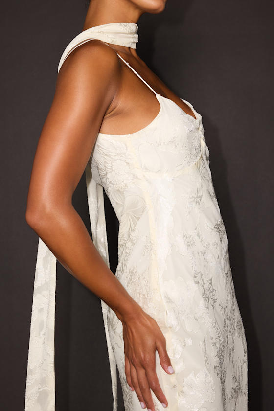 Aydah Ivory Floral Burnout Slip Midi Dress and Scarf Set
