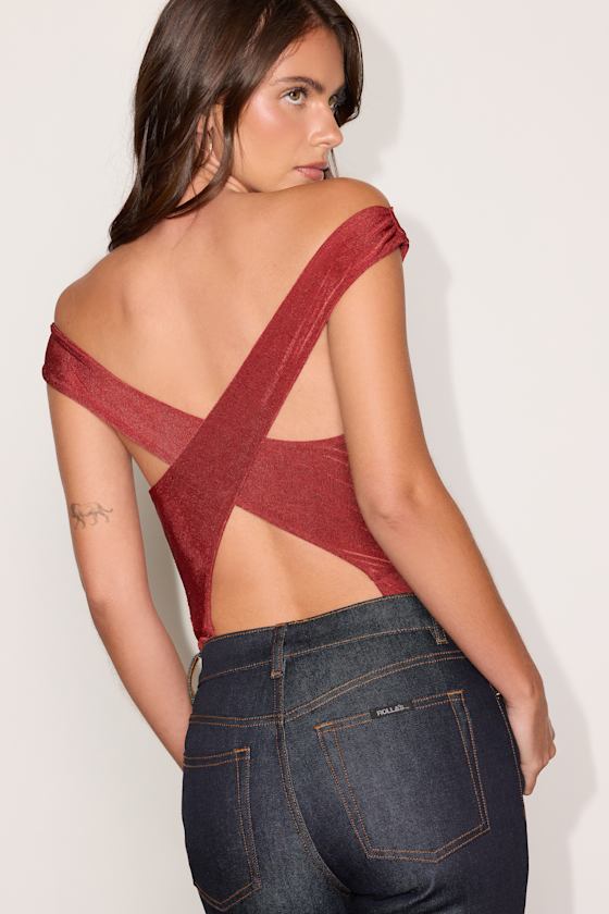 Tarryn Rust Red Jersey Knit Off-the-Shoulder Bodysuit