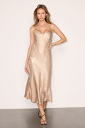 Stellina Gold Metallic Satin Cowl Back Midi Dress