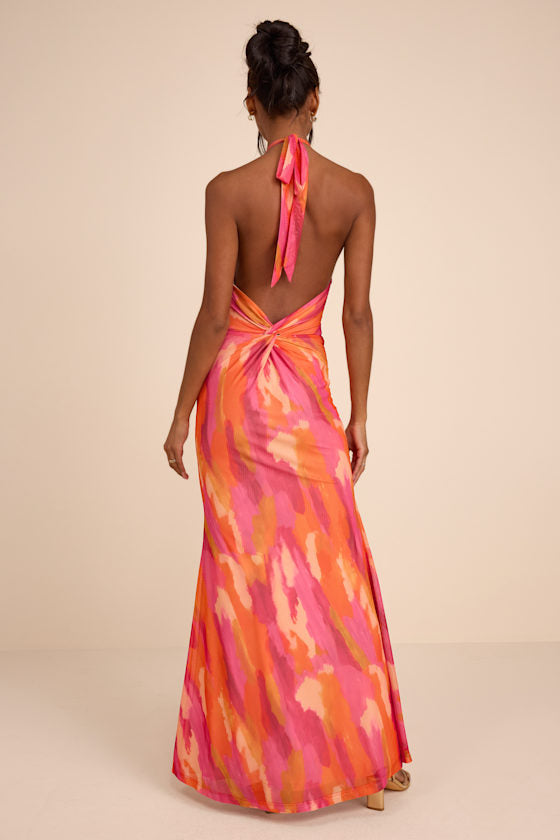 Adriel Orange Multi Abstract Mesh Halter Mermaid Maxi Dress