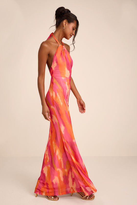 Adriel Orange Multi Abstract Mesh Halter Mermaid Maxi Dress