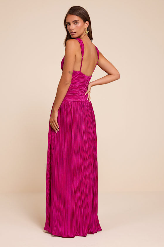 Evaluna Berry Pink Plisse Maxi Dress