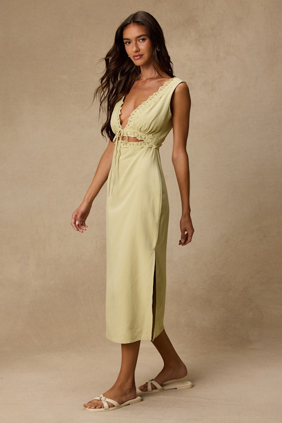 Connie Light Chartreuse Lace Tie-Front Midi Dress