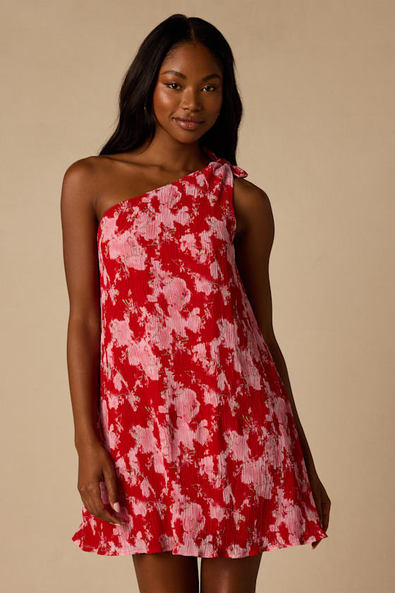 Aralia Red Multi Floral One-Shoulder Shift Mini Dress