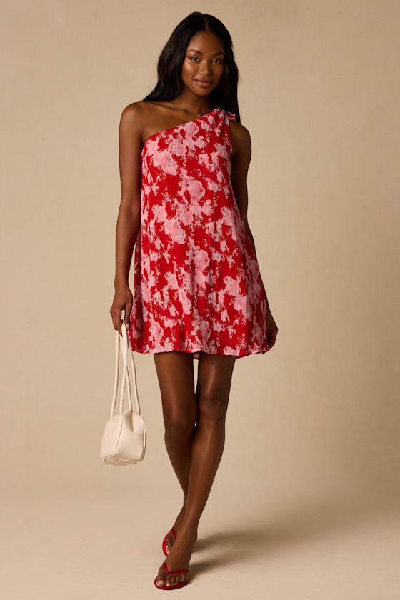 Aralia Red Multi Floral One-Shoulder Shift Mini Dress