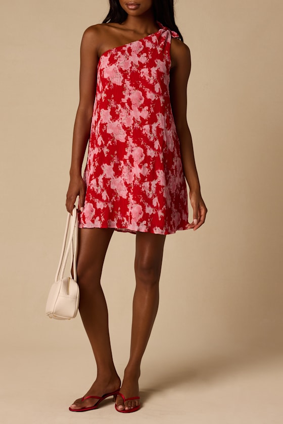 Aralia Red Multi Floral One-Shoulder Shift Mini Dress