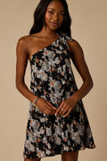 Aralia Black Multi Floral One-Shoulder Shift Mini Dress