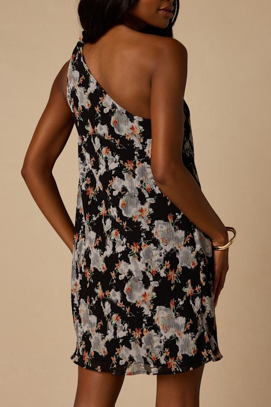 Aralia Black Multi Floral One-Shoulder Shift Mini Dress