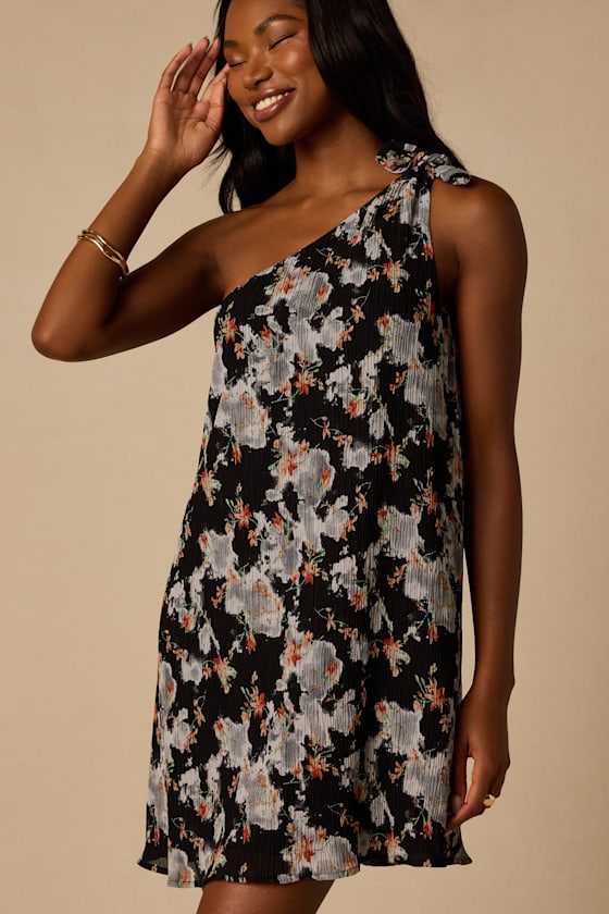 Aralia Black Multi Floral One-Shoulder Shift Mini Dress
