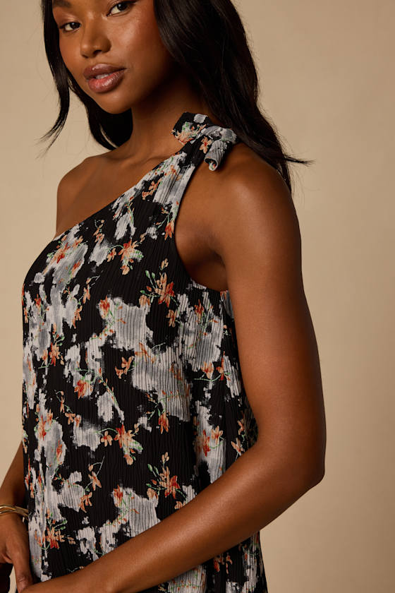 Aralia Black Multi Floral One-Shoulder Shift Mini Dress