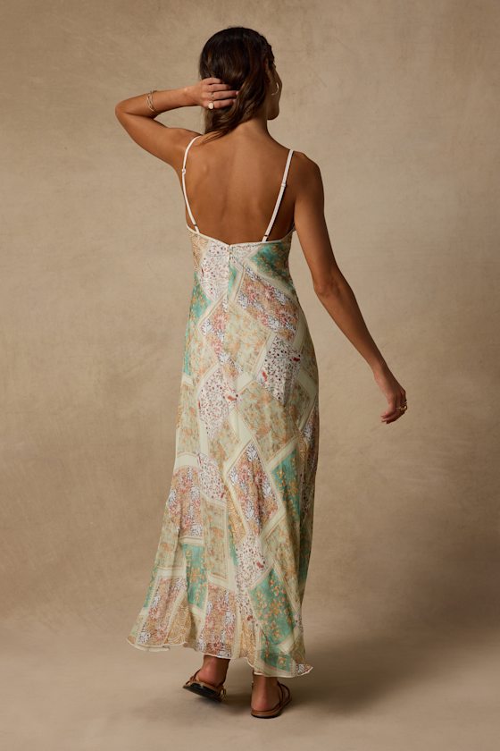 Nicole Light Sage Multi Patchwork Slip Midi Dress