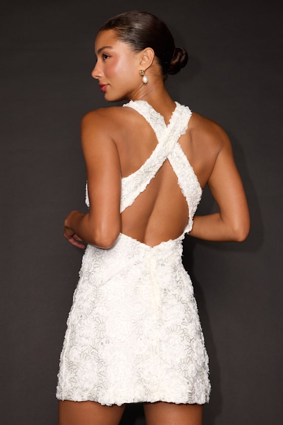 Anya White Lace Applique Sleeveless Mini Dress