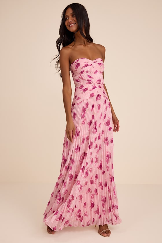 Marlene Light Pink Floral Pleated Drop Waist Maxi Dress