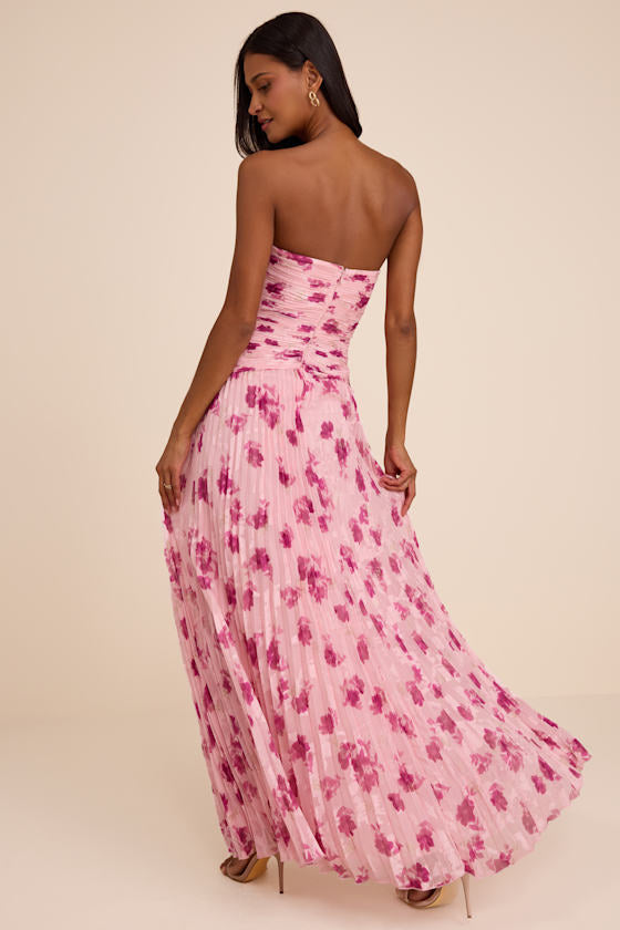 Marlene Light Pink Floral Pleated Drop Waist Maxi Dress