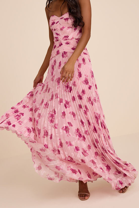 Marlene Light Pink Floral Pleated Drop Waist Maxi Dress