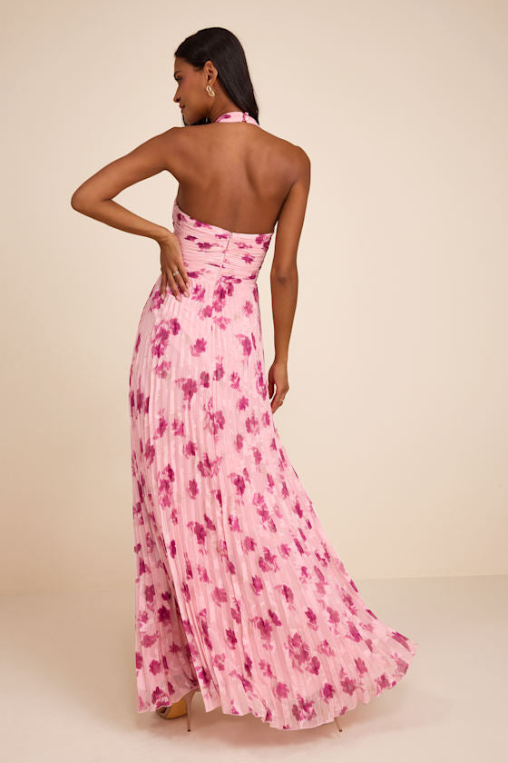 Krystal Light Pink Floral Pleated Halter Maxi Dress