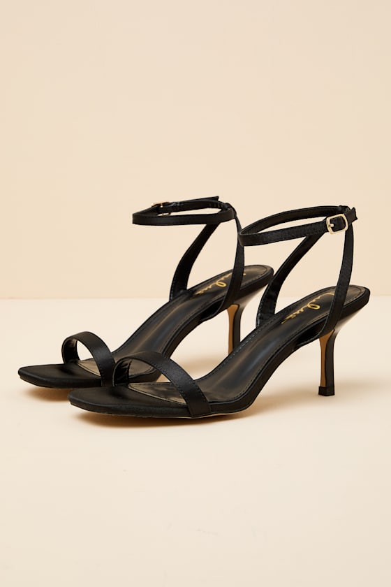Ensley Black Satin Kitten Heel Ankle Strap Sandals