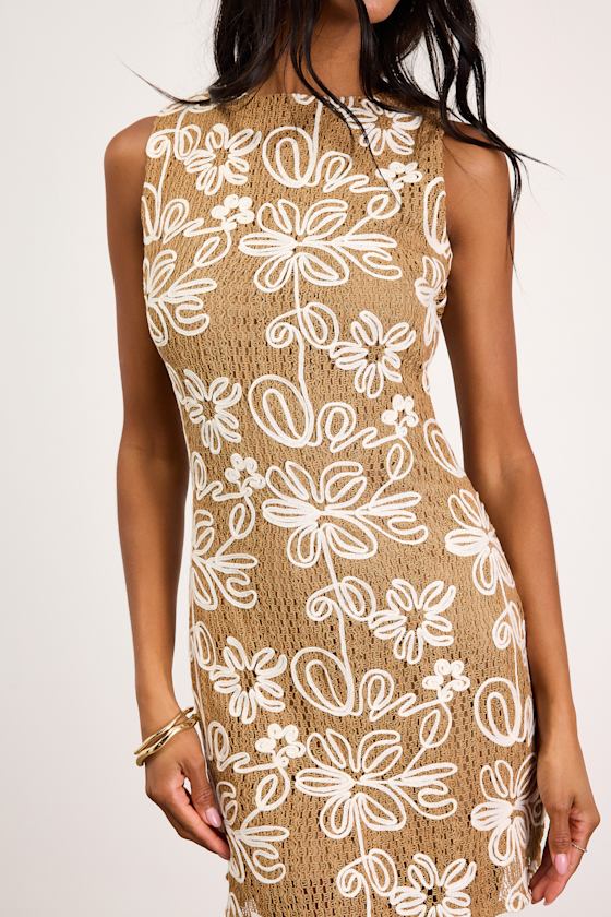 Fenicia Light Brown Abstract Floral Embroidered Mini Dress