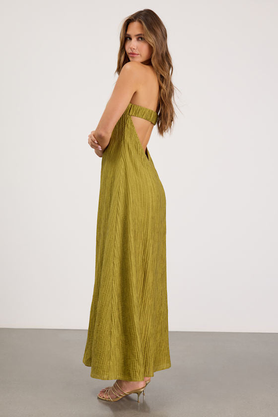 Radiant Season Olive Green Plisse Cutout Strapless Maxi Dress